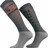 Dark gray comodo silicon grip riding socks with lighter gray foot, perforated design, orange logo, and reinforced silicone dots