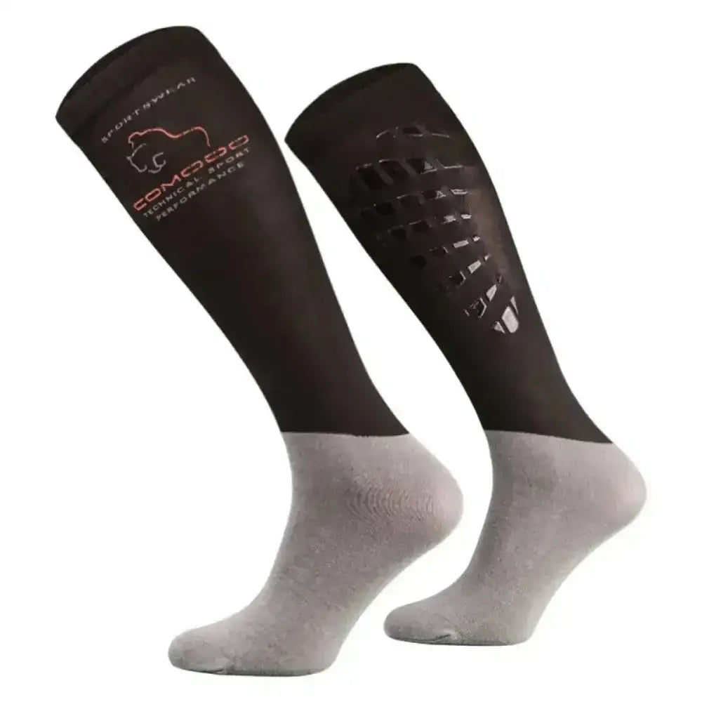 Black and gray comodo silicon grip riding socks with breathable mesh and reinforced silicone dots and comodoso logo