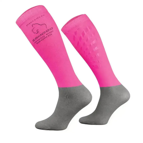 Bright pink and gray comodo silicon grip riding socks with textured diamond pattern and reinforced silicone dots