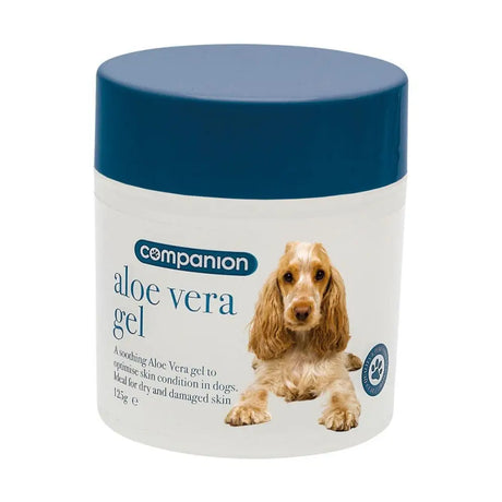 Companion aloe vera gel in a white jar with blue lid featuring a cocker spaniel label for soothing aloe vera skin care