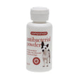 White plastic bottle of companion antibacterial powder for dogs with a red label and a black and white dog image pocket sized pack