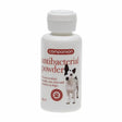 White plastic bottle of companion antibacterial powder for dogs with red label and black-and-white dog image
