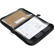 Black competition portfolio document wallet made of deniers polyester with clear pockets and brown envelope inside
