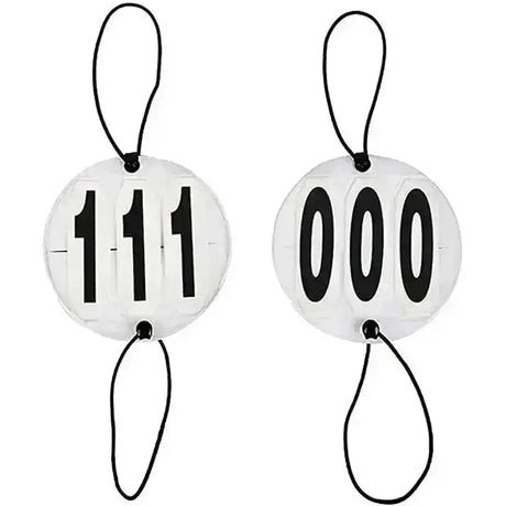 White circular competitor number discs with black numerals and string loops perfect for competition accessories