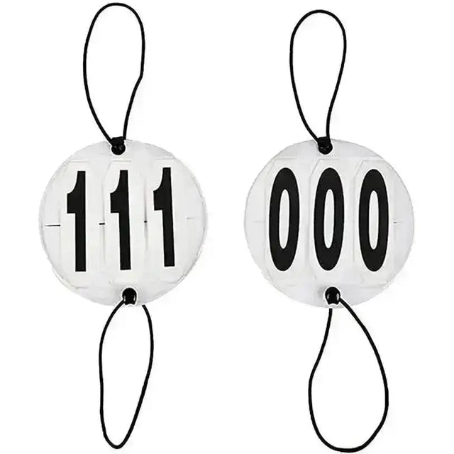 White circular competitor number discs with black numerals and string loops perfect for competition accessories