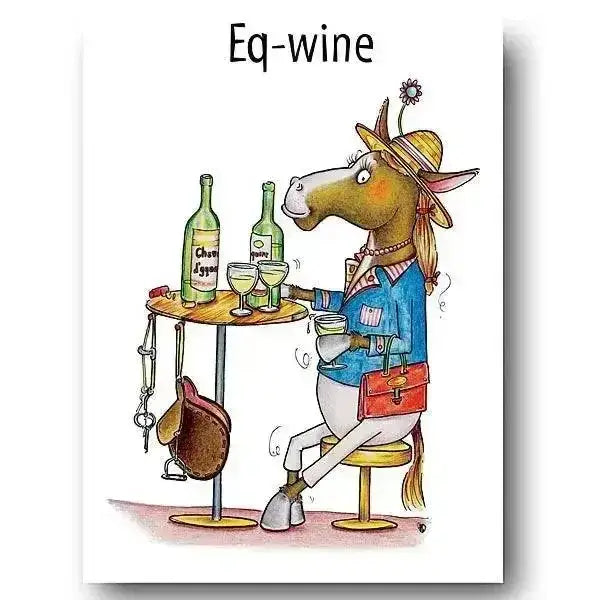 A cartoon horse wearing a straw hat and blue jacket holding a red handbag on compost heap equine fun equestrian cards