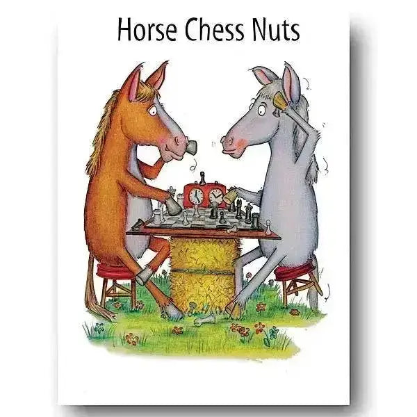Whimsical compost heap equine fun equestrian cards show brown and gray horses playing chess at a hay bale table with red clocks