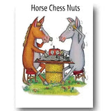 Whimsical compost heap equine fun equestrian cards show brown and gray horses playing chess at a hay bale table with red clocks