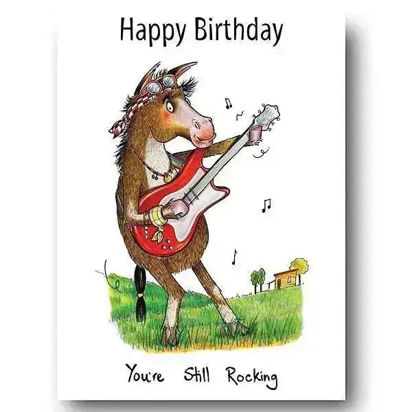 A cartoon brown horse with goggles strums a red guitar on compost heap equine fun equestrian cards printed with vegetable ink green