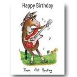 A cartoon brown horse with goggles strums a red guitar on compost heap equine fun equestrian cards printed with vegetable ink green