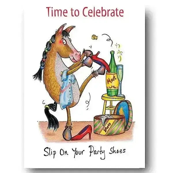 A cartoon horse in a blue shirt and red heels holding champagne with confetti on compost heap equine fun equestrian cards