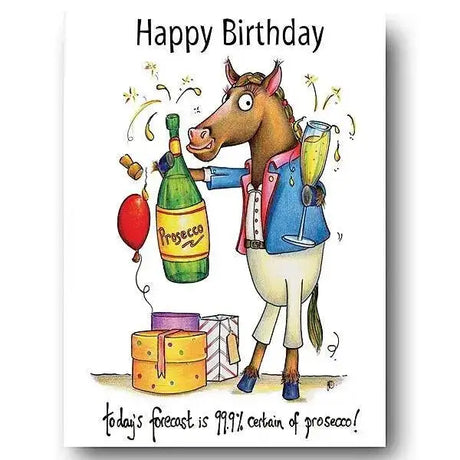 A cartoon horse in a blue jacket holding a green prosecco bottle on compost heap equine fun equestrian cards with vegetable ink green details