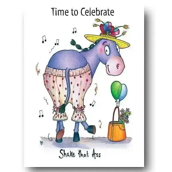 A whimsical compost heap equine card featuring a cartoon donkey in a yellow flower hat and polka dot ruffled pants using vegetable ink green