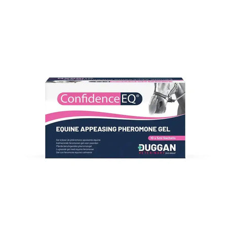Confidence eq gel in navy and pink box with white text features equine appeasing pheromone for horse calmness
