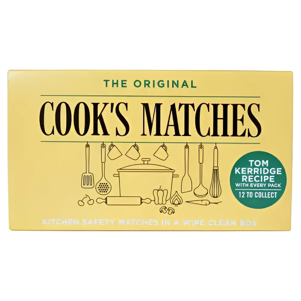 Yellow rectangular box of cooks matches with black text and kitchen utensil drawings perfect next to heinz tomato soup