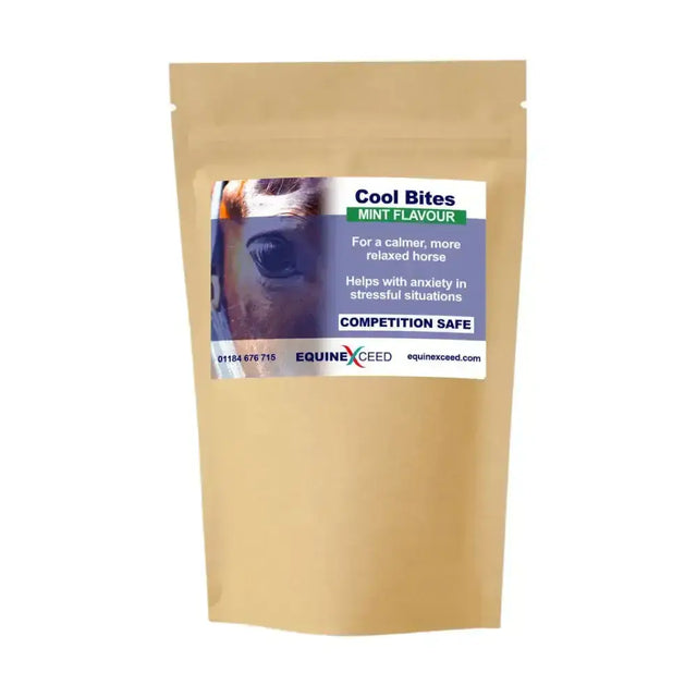 A tan resealable pouch of cool bites™ mint flavored horse calming treats from equinexceed ideal for box rest