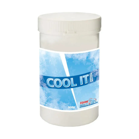 A white cylindrical container of cool it powder mineral feed supplement by equine products uk ltd for leg care 900g