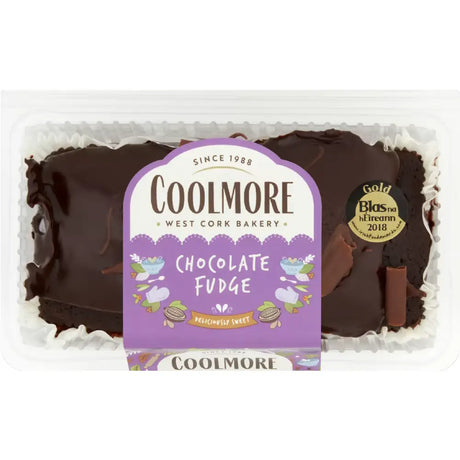 Coolmore chocolate fudge cake 400g with purple white label featuring decorative illustrations and algal carotenes