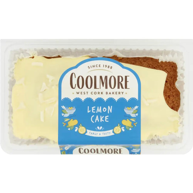 Coolmore lemon cake 400g in white plastic container with blue and yellow packaging next to chocolate fudge cake options