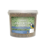 A clear plastic tub of black golden soldier fly larvae labeled calcium boost grubs by copdock mill 5 litre