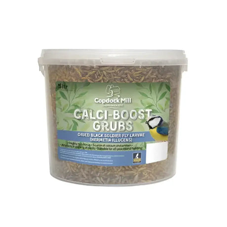 A clear plastic tub of black golden soldier fly larvae labeled calcium boost grubs by copdock mill 5 litre