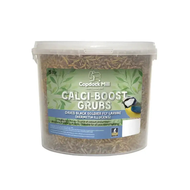 A clear plastic tub of black golden soldier fly larvae labeled calcium boost grubs by copdock mill 5 litre