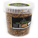 A clear plastic container of brown dried mealworms labeled copdock mill protein rich for wild bird care and blending seeds