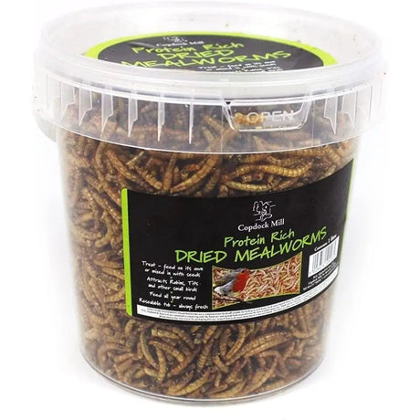 A clear plastic container of brown dried mealworms labeled copdock mill protein rich for wild bird care and blending seeds