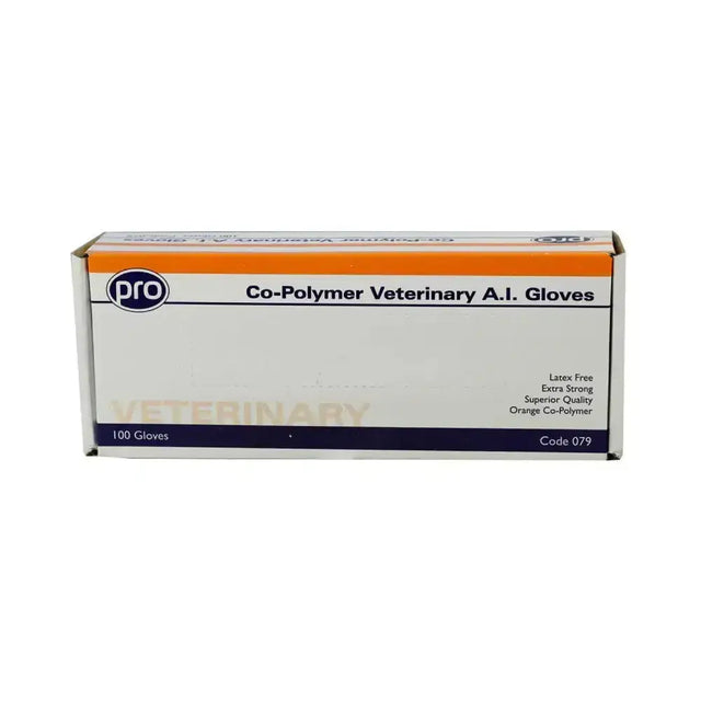 A white and orange box of pro brand stretchy eva copolymer shoulder length artificial insemination gloves