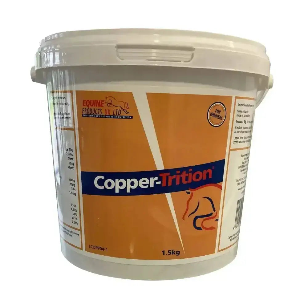 Orange and white labeled plastic bucket of copper-trition horse feed with essential vitamins including mineral nutritional supplement