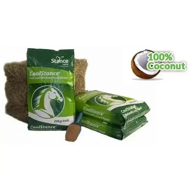 Green and white packaged copra coolstance horse feed made from 100 percent coconut with wooden scoop beside it