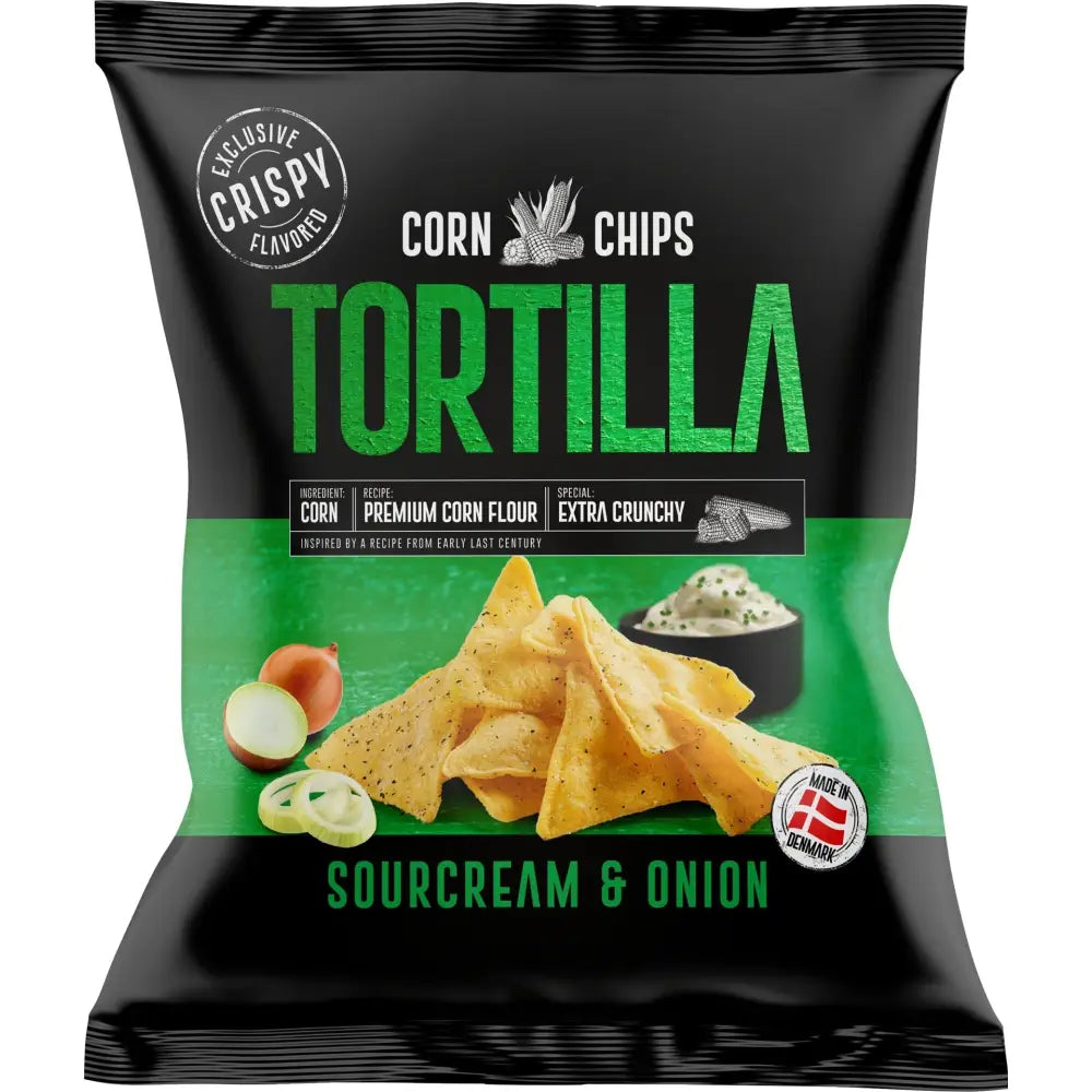 A black and green bag of sour cream and onion corn chips tortilla with golden yellow triangular chips