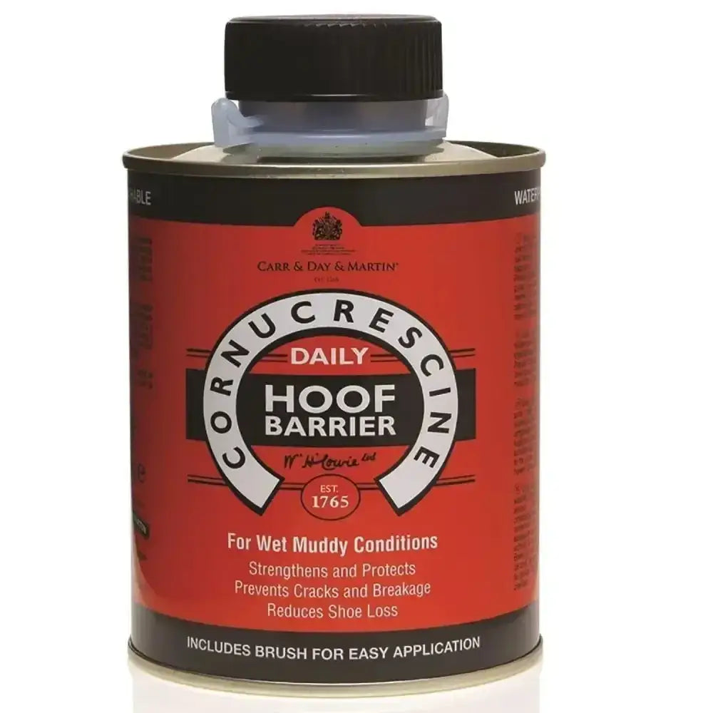 Red cylindrical can of carr & day & martin cornucrescine daily hoof oil with black lid and advanced formulation cornucrescine barrier hoof