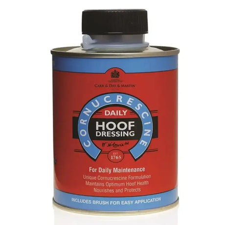 Red cylindrical can of cair day martin cornucrescine daily hoof dressing with black cap and built-in brush for easy application