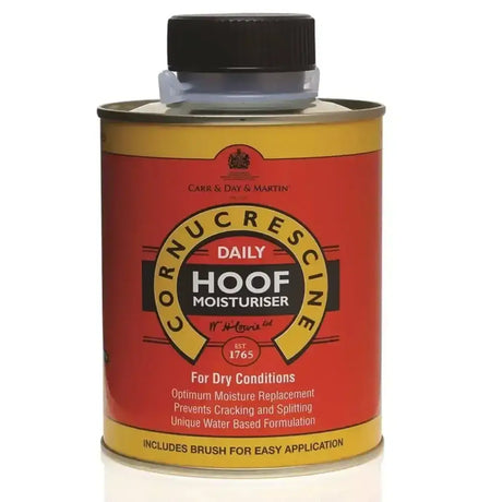 Red and yellow labeled tin of carr and day and martin cornucrescine daily hoof moisturiser with black cap in advanced water based formulation