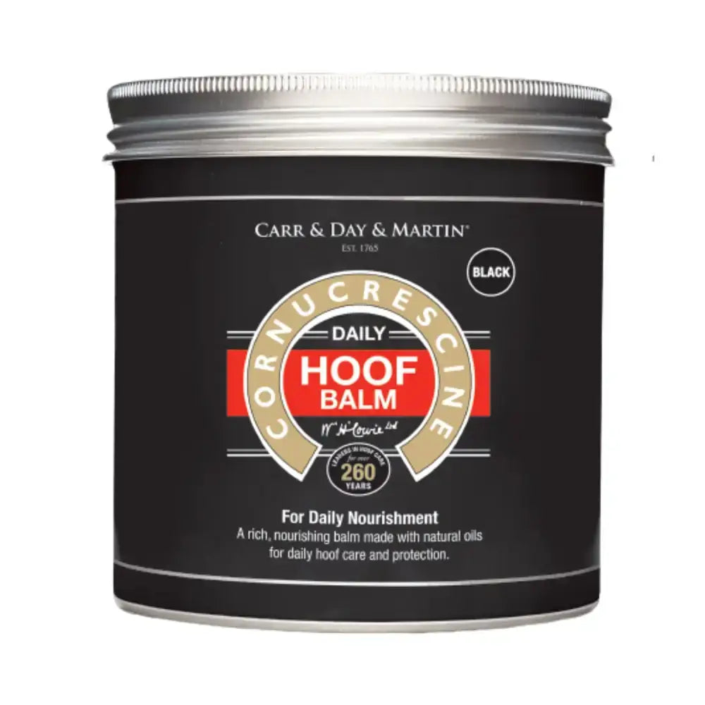 Black cylindrical tin of carr and day and martin cornucrescine hoof balm daily hoof moisturiser with silver lid