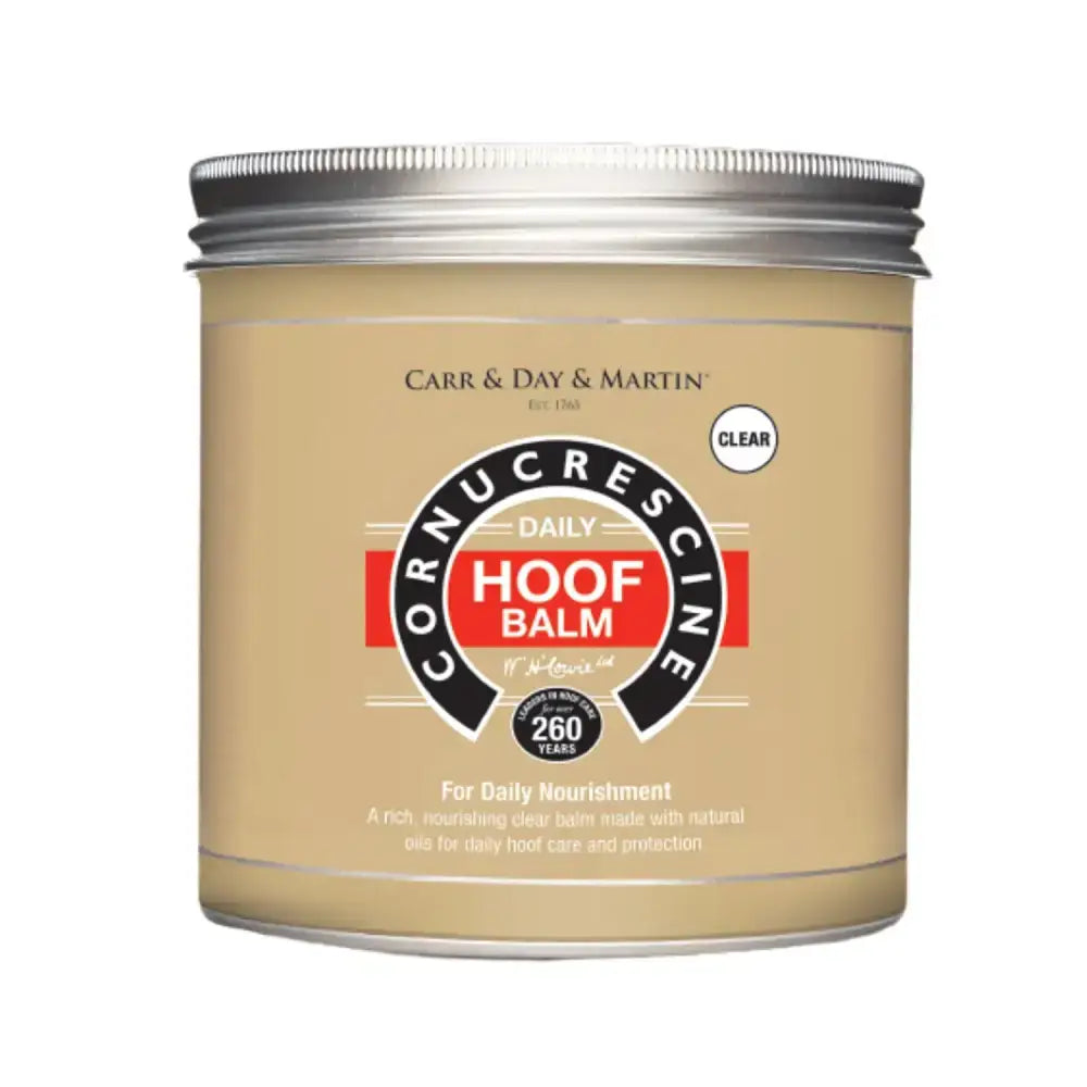 Carr and day and martin cornucrescine hoof balm in clear beige jar with silver lid daily hoof moisturiser and hoof oil