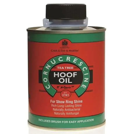Red and green labeled carr & day & martin cornucrescine tea tree hoof oil can with black cap for healthy hooves