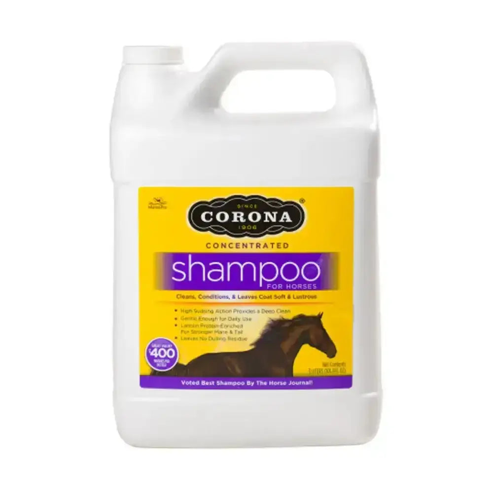 White plastic jug of corona concentrated shampoo for horses with yellow and purple label and horse silhouette best horse shampoo