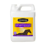 White plastic jug of corona concentrated shampoo for horses with yellow and purple label and horse silhouette best horse shampoo