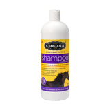 White plastic bottle of corona concentrated shampoo for horses with yellow and purple label and black horse silhouette