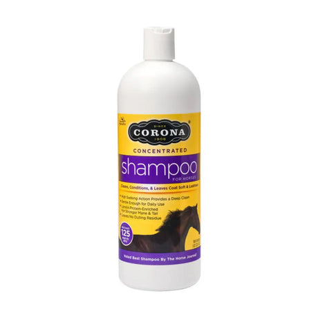 White plastic bottle of corona concentrated shampoo for horses with yellow and purple label and black horse silhouette