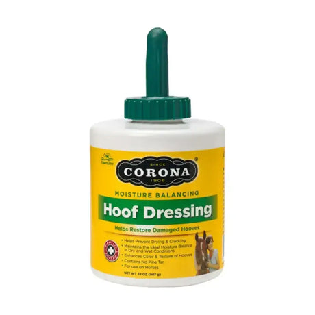 Corona hoof care yellow and green labeled hoof care dressing ointment bottle with dark green dropper cap