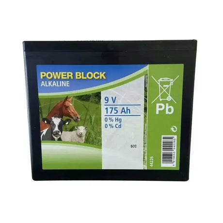 Black rectangular corral alkaline dry battery 175 ah 9v with green blue label and farm animals for constantly high voltage