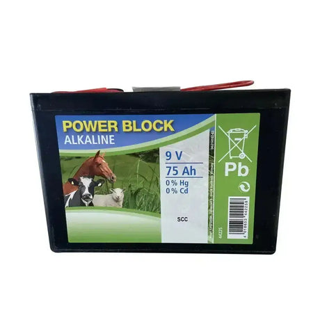 Black rectangular corral alkaline dry 9v alkaline dry battery with red black terminals and green farm animal label