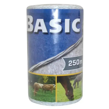 A white textured corral basic fencing polywire 250m roll with stainless steel conductors and farm animal icons