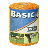 A spool of bright orange and yellow corral basic fencing polywire 250m with stainless steel conductors labeled basic