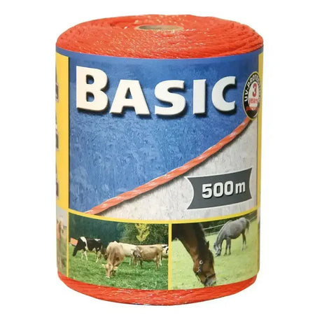 A roll of bright orange corral basic fencing polywire 500m with uv protection and twisted synthetic material
