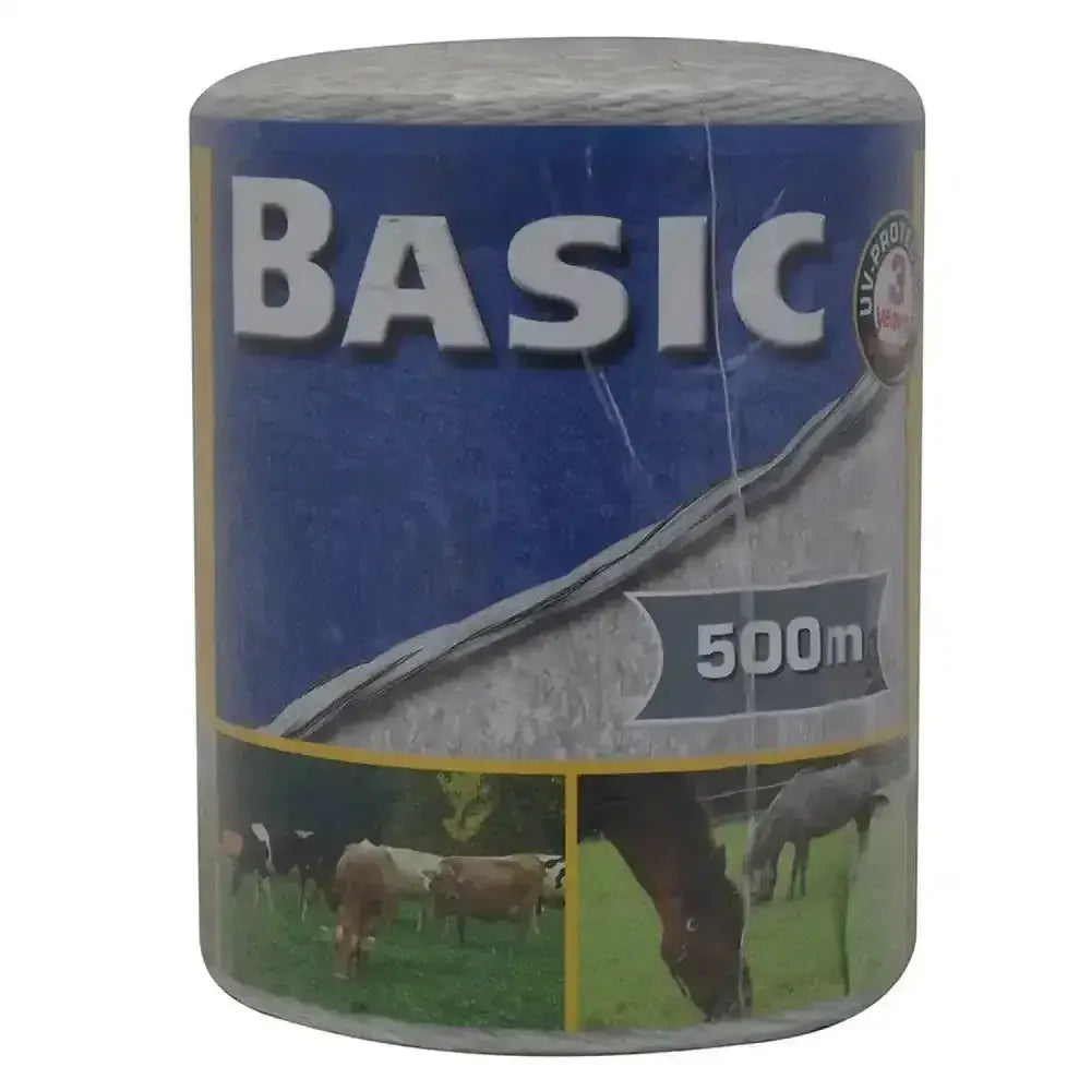 A roll of gray uv-protected corral basic fencing polywire 500m for durable garden fencing and livestock use