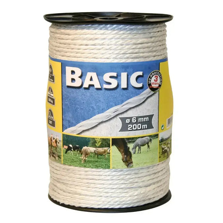 A spool of white corral basic fencing rope with steel wires 200m and black plastic core labeled 6mm diameter
